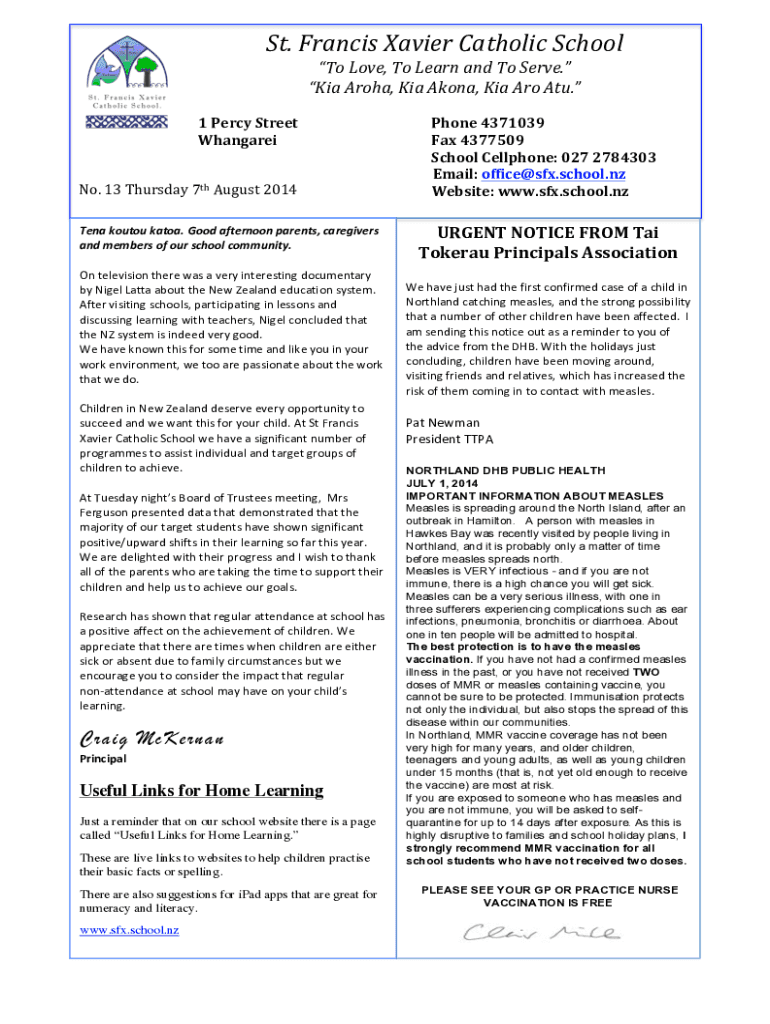 Fillable Online St Francis Xavier Catholic School (Whangarei) Fax Email