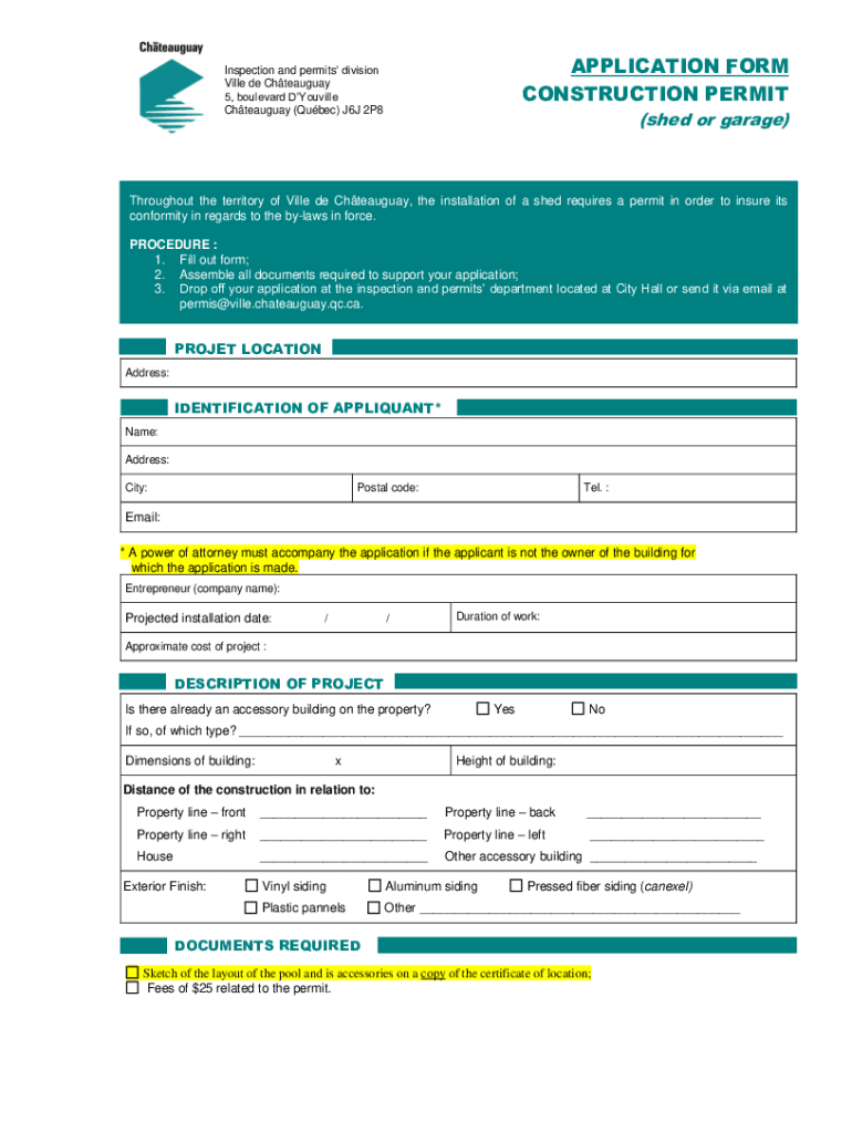 Fillable Online ville chateauguay qc APPLICATION FORM CONSTRUCTION