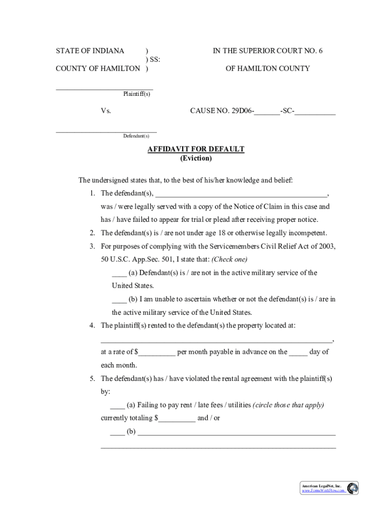 Fillable Online Affidavit for Default Eviction Hamilton County Indiana