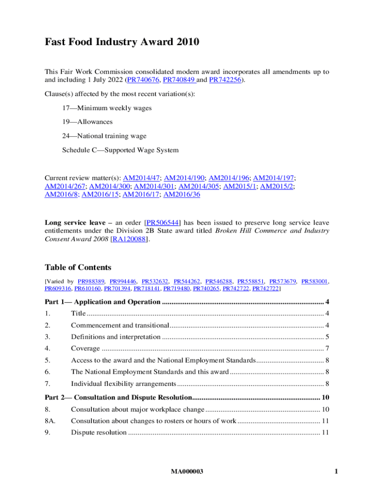 Fillable Online Changes to the Fast Food Industry Award Fax Email Print