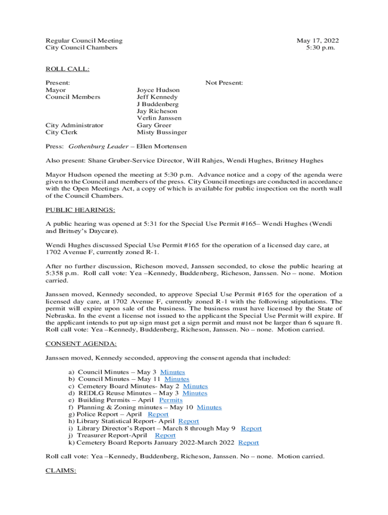 Fillable Online ci gothenburg ne Also present Shane GruberService Director, Will Rahjes, Wendi