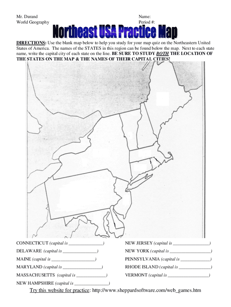 Fillable Online The U.S.: States in the Northeast - Map Quiz Game