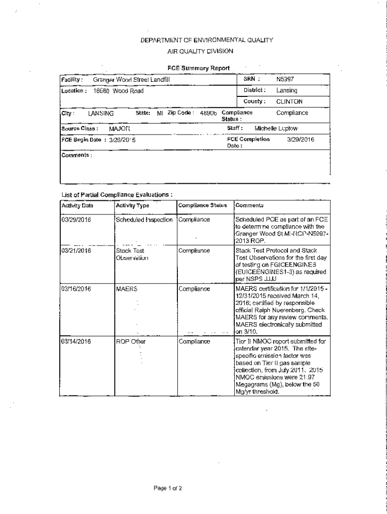 Fillable Online Granger Wood Street Landfill SRN N5997 L Fax Email