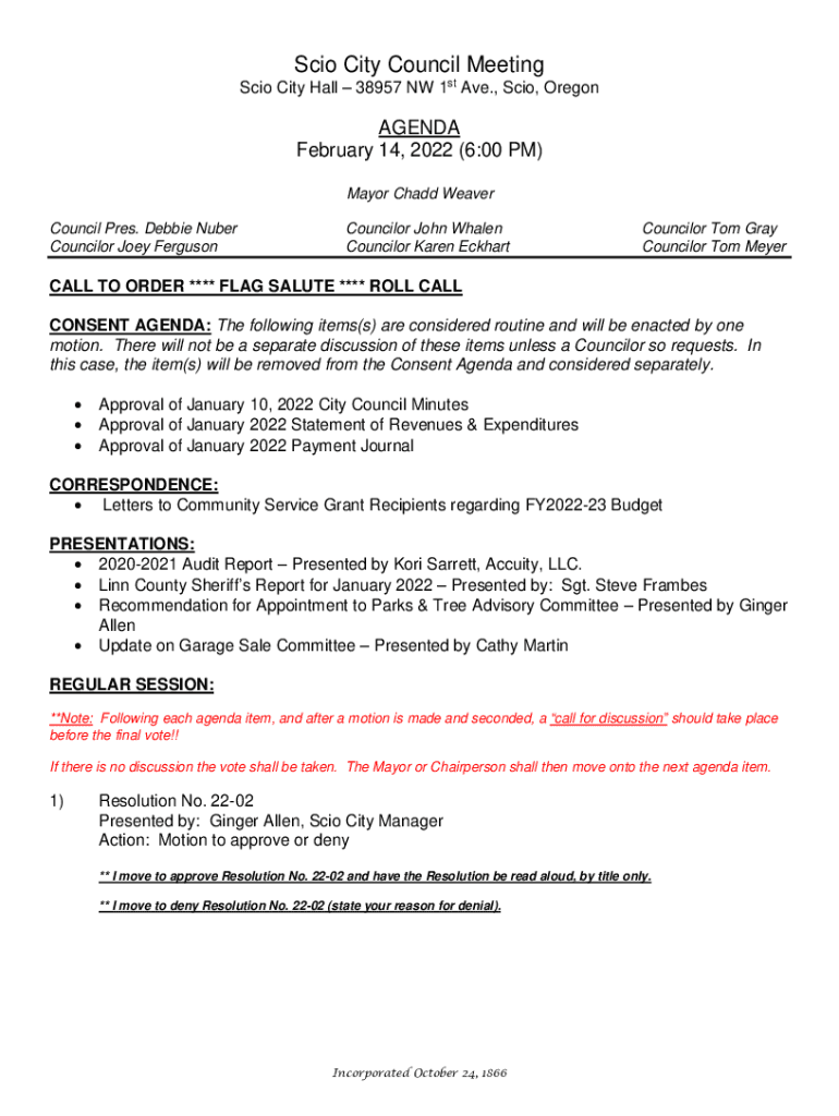 Fillable Online Scio City Hall 38957 NW 1st Ave Fax Email Print pdfFiller