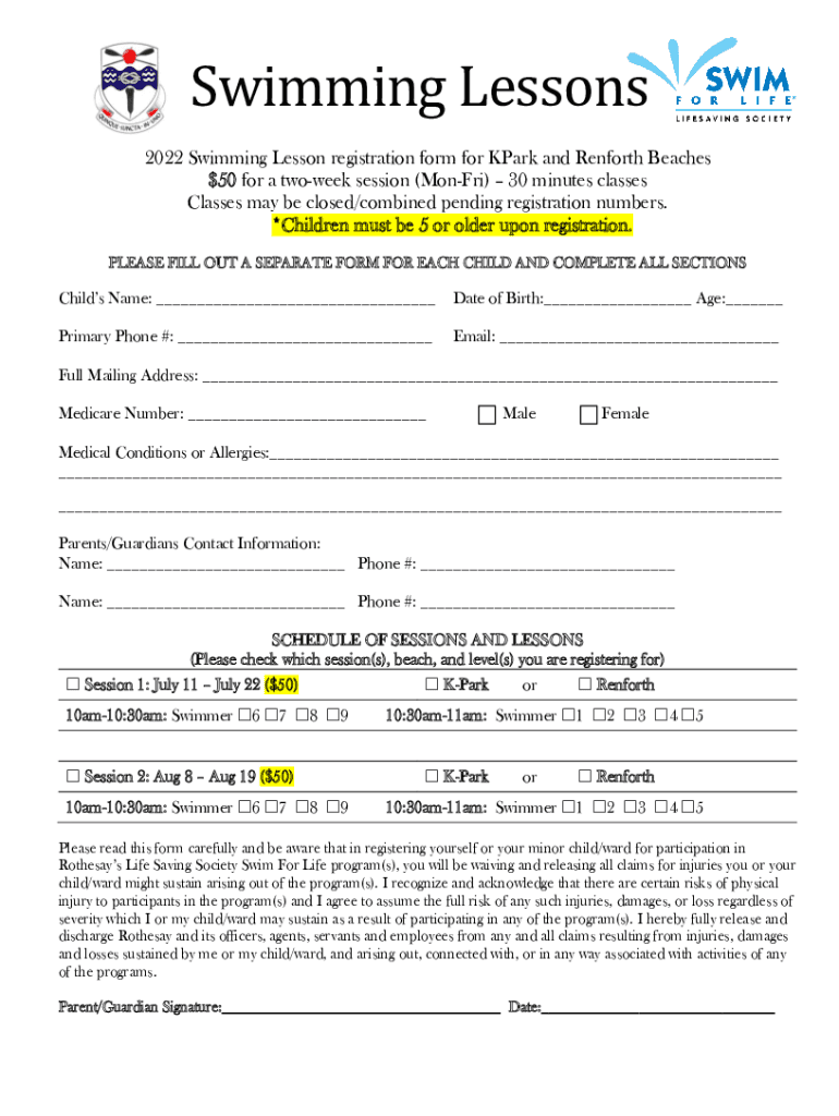 Fillable Online 2022 Swimming Lesson registration form for KPark and