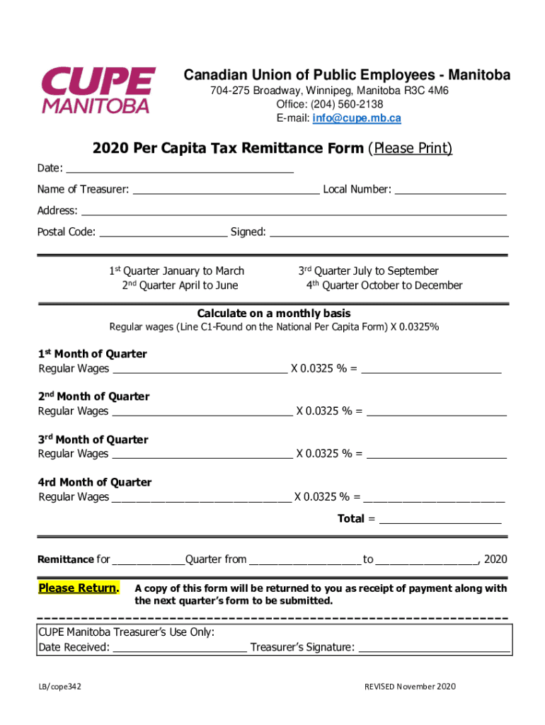Fillable Online cupe mb 2020 Per Capita Tax Remittance Form (Please