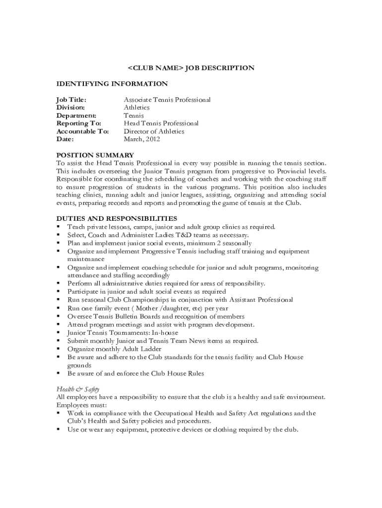 Fillable Online Tennis Professional Job Description And Requirements