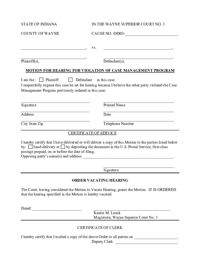 Fillable Online state of indiana - WAYNE SUPERIOR COURT III Fax Email