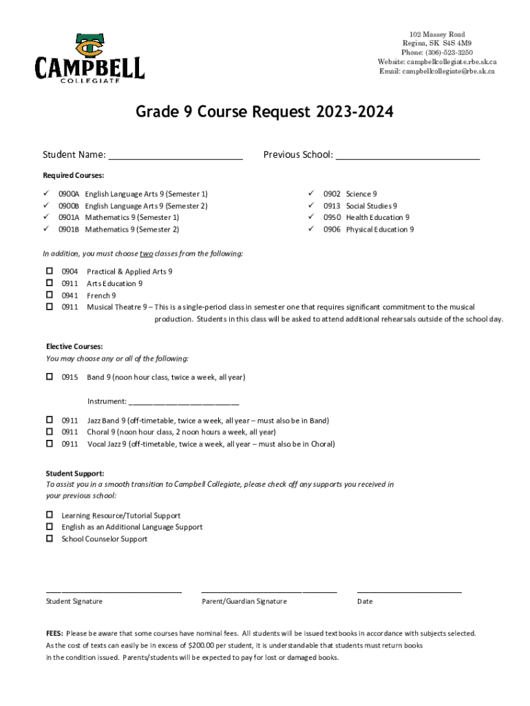 Fillable Online campbellcollegiate rbe sk 202324 Course Request Grade 9 (English) Fax Email