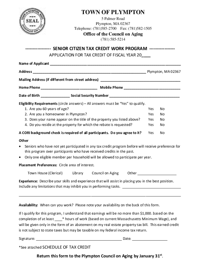 Fillable Online Senior Citizen Tax Credit Work Program Town of