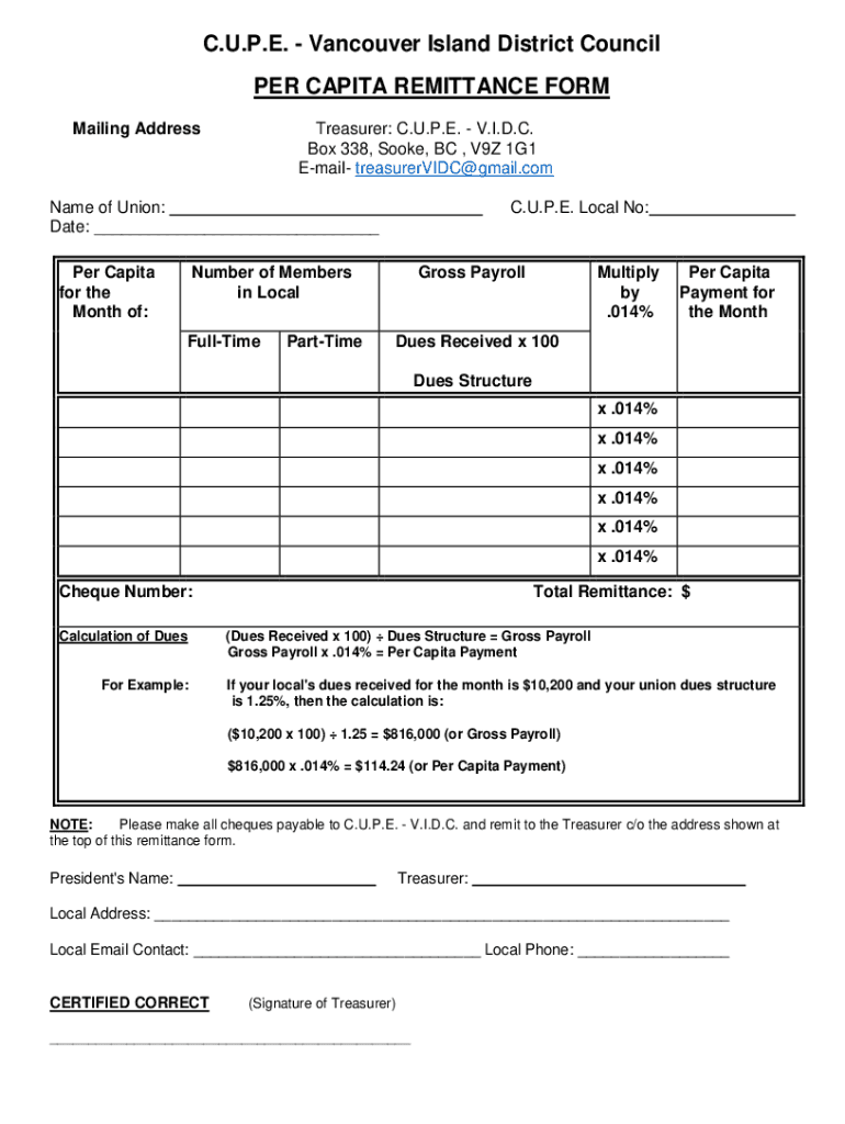 Fillable Online vidc cupe Percapitaform.pdf Fax Email Print pdfFiller