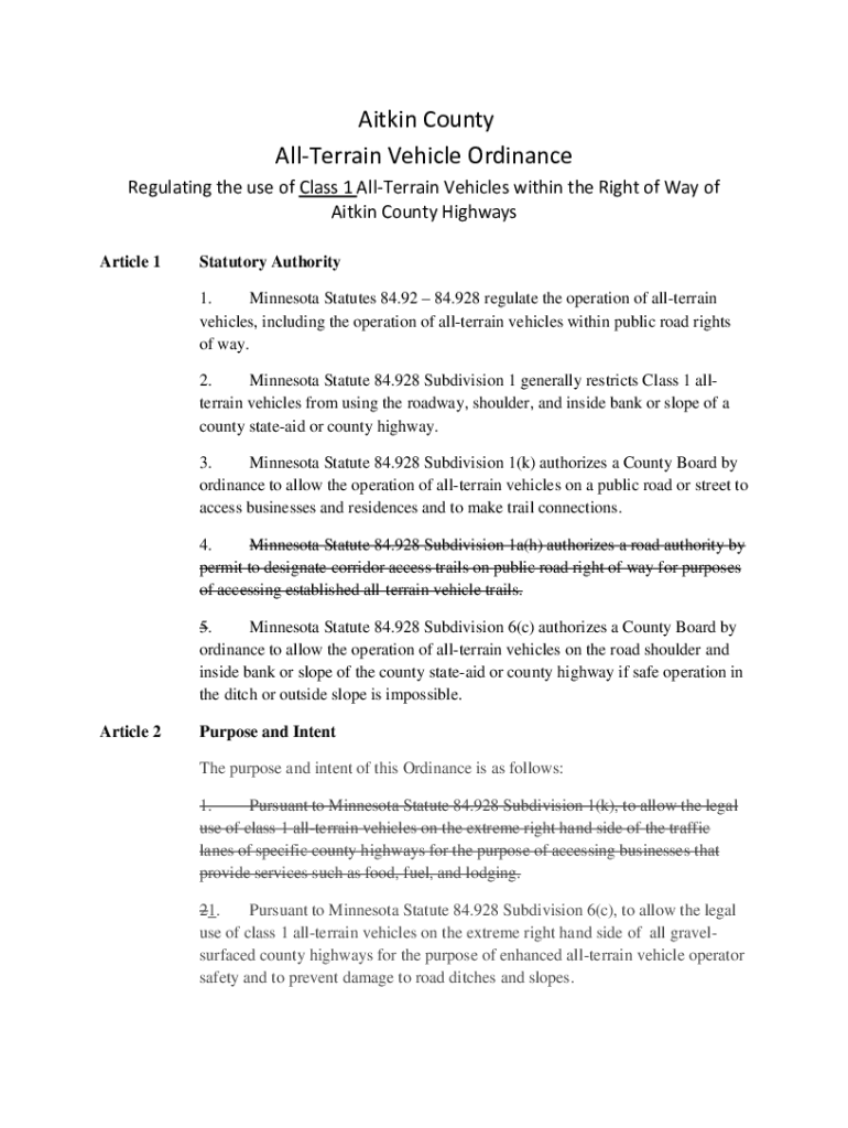 Fillable Online co aitkin mn Class 1 AllTerrain Vehicle Ordinance