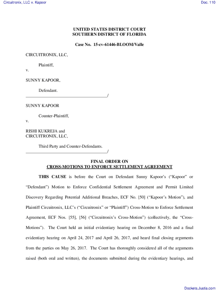 Fillable Online FINAL ORDER ON CROSSMOTIONS TO ENFORCE SETTLEMENT
