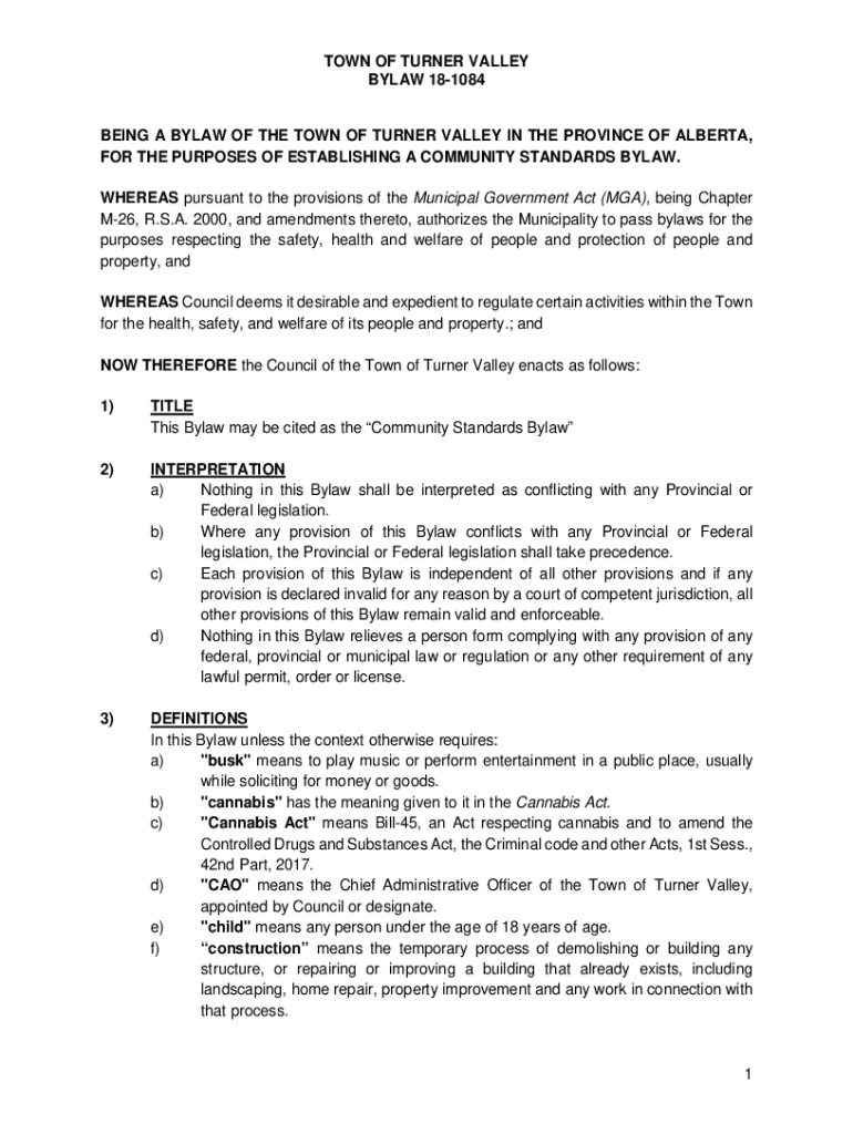 Fillable Online town of turner valley bylaw no. 201107 property