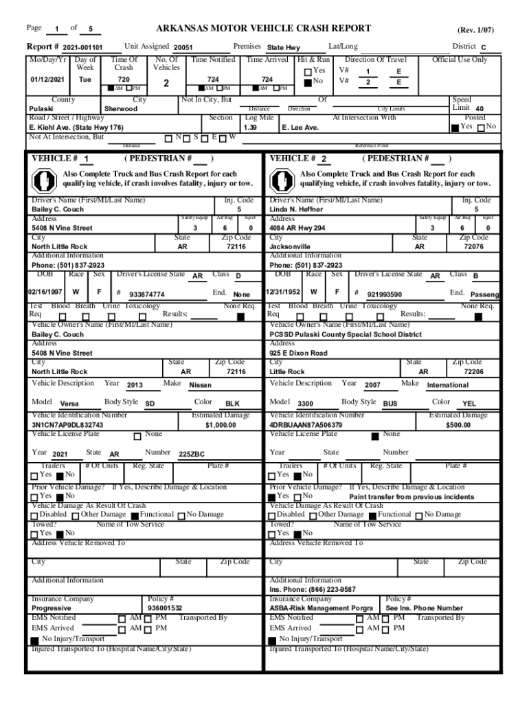 Fillable Online ARKANSAS MOTOR VEHICLE CRASH REPORT 2 Sherwood Fax