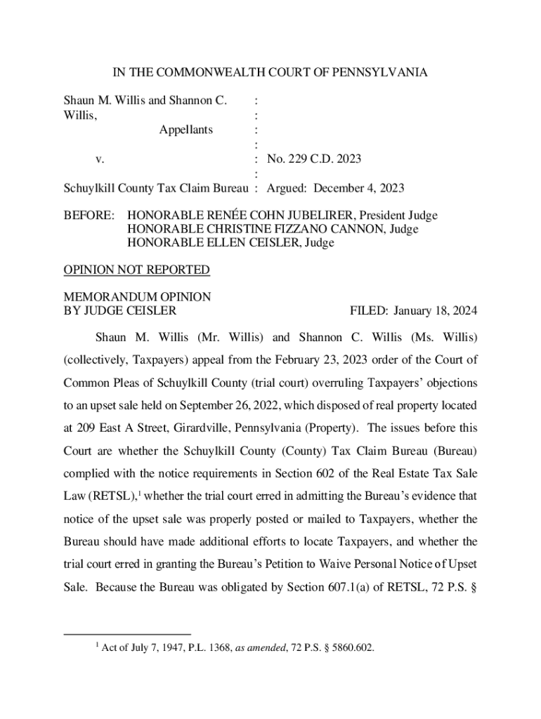 Fillable Online Willis v. Schuylkill Cnty. Tax Claim Bureau, 229 C.D