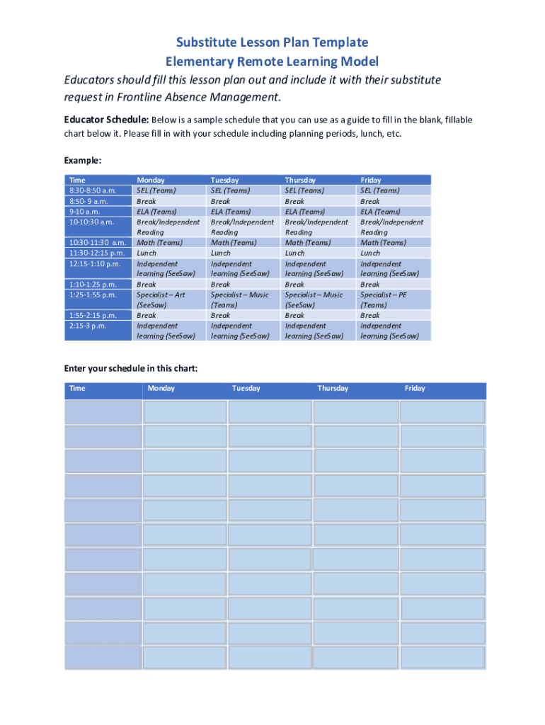 Fillable Online Substitute Lesson Plan Template Elementary Remote