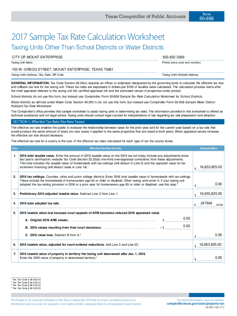 Fillable Online 2017 Sample Tax Rate Calculation Worksheet Taxing