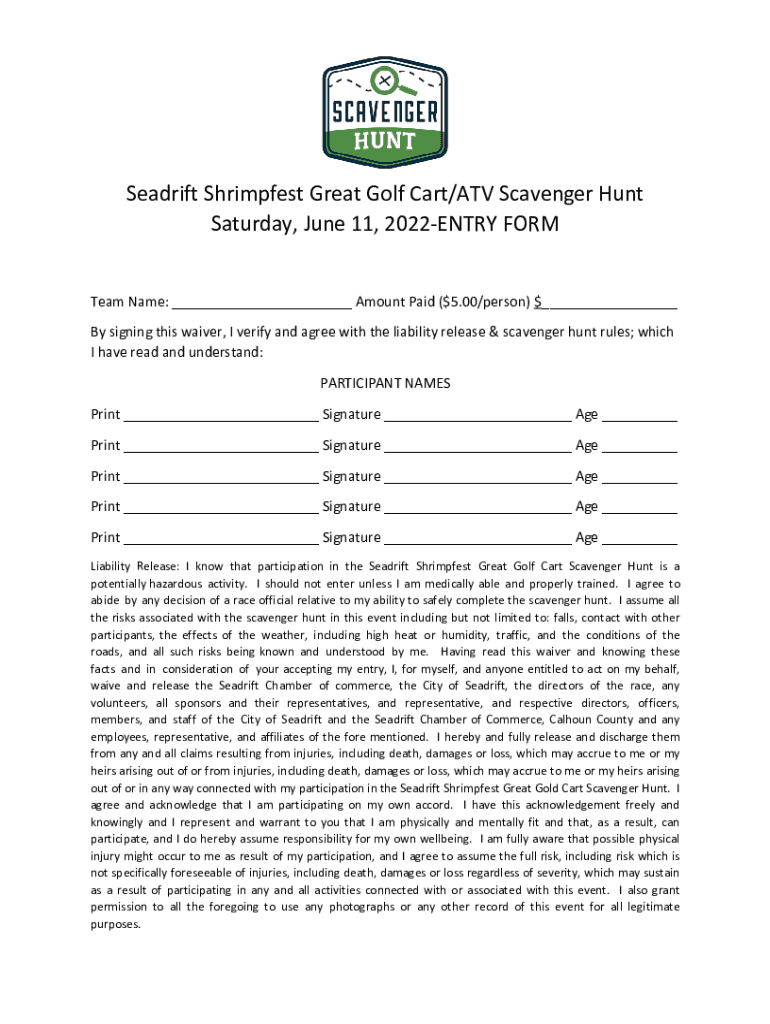 Fillable Online Golf Cart Scavenger Hunt Entry Form 2022 Fax Email