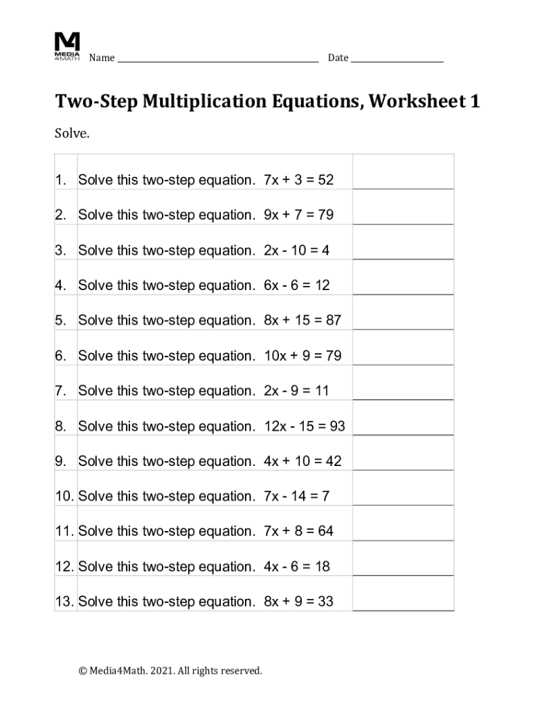 Fillable Online TwoStep Multiplication Equations, Worksheet 1 Fax Email Print pdfFiller