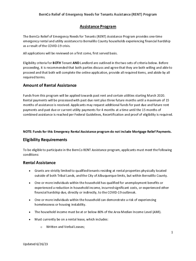 Fillable Online Bernalillo County CARES Act Rent and Utility Assistance