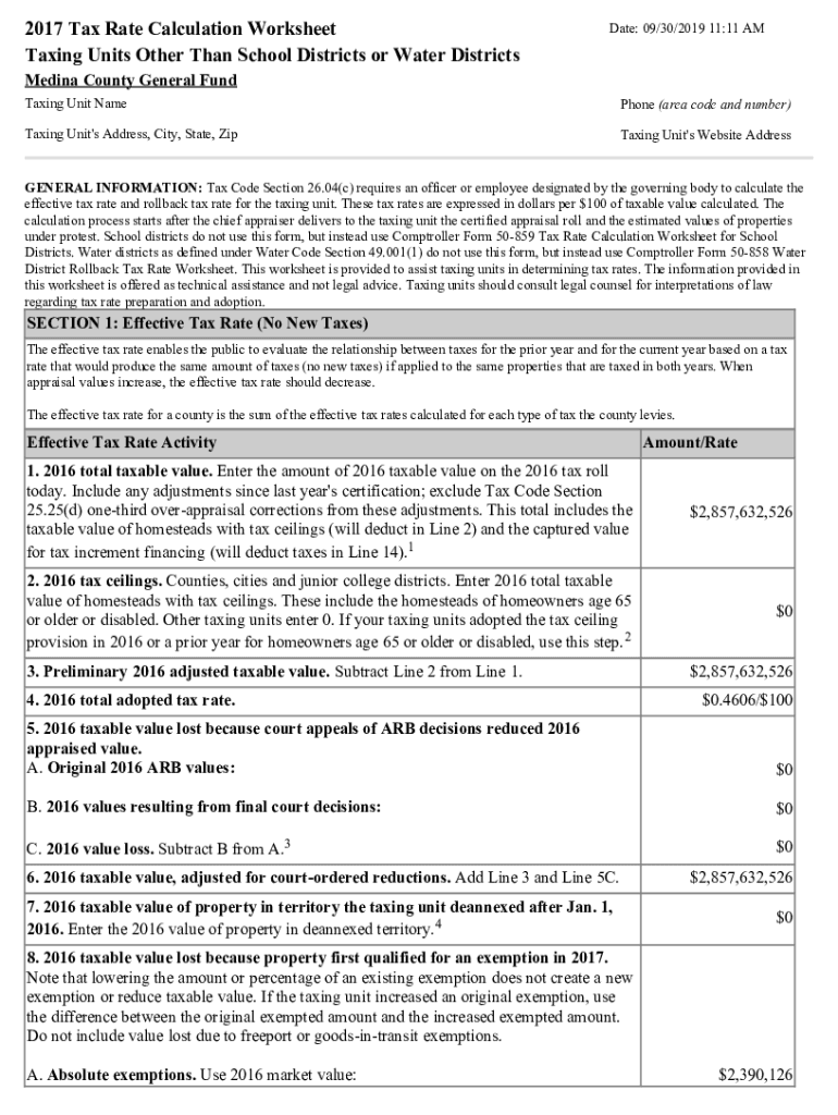 Fillable Online 2020 Tax Rate Calculation Worksheet Kleberg County