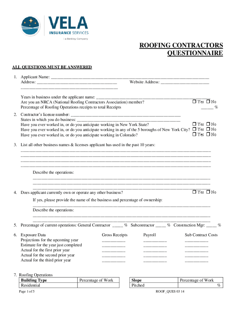 Fillable Online Roofing Contractor Questionnaire Fax Email Print