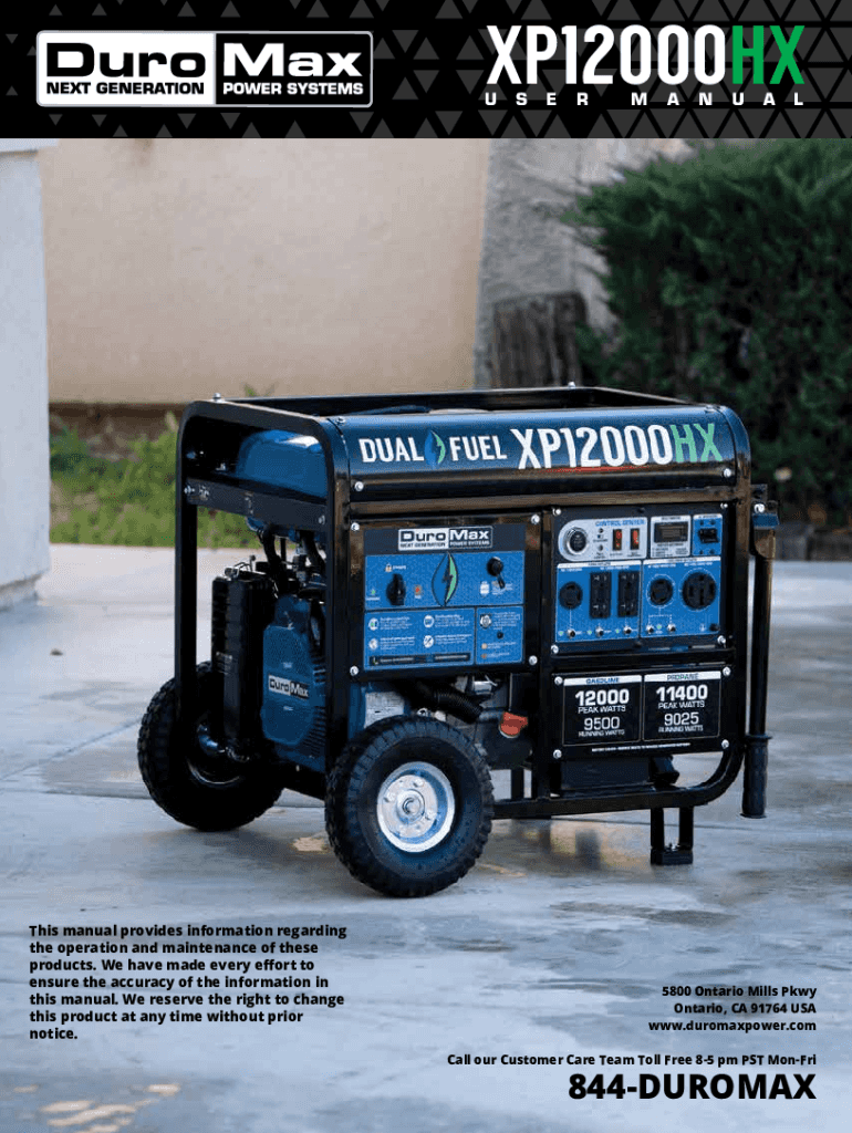 Fillable Online DuroMax XP12000HX 12000 Watt Portable Dual Fuel Gas