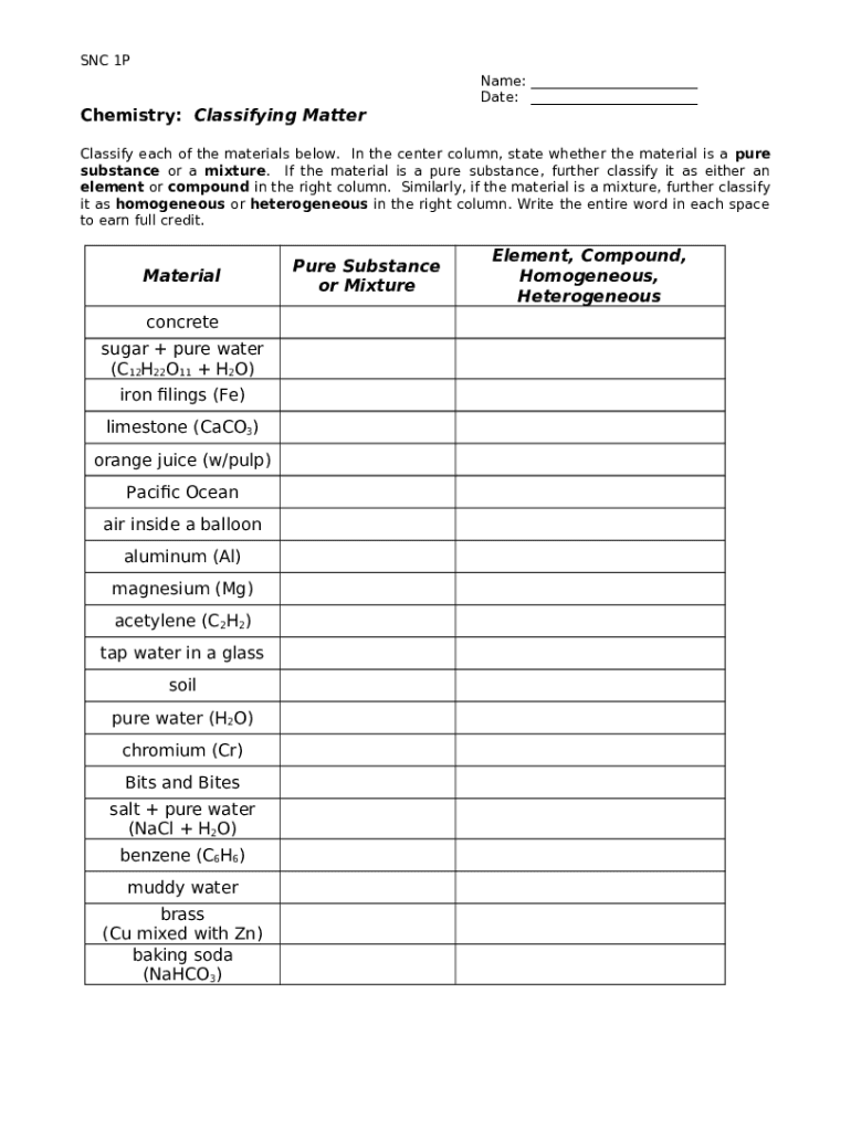 Classifying Matter Worksheet Doc Template | pdfFiller