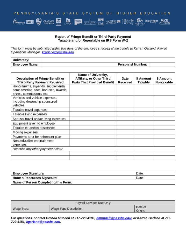 Report of Fringe Benefit or ThirdParty Payment Taxable and/or