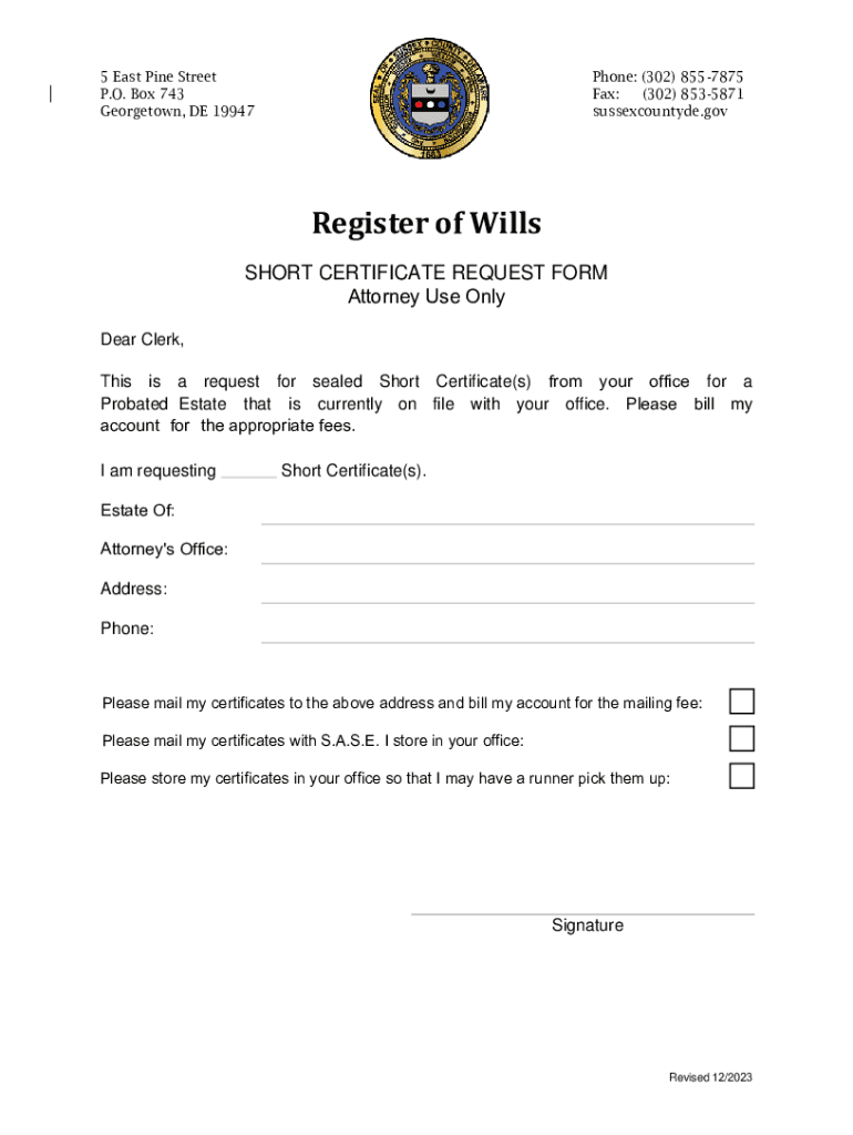 Fillable Online Register of Wills Short Certificate Request FormFor