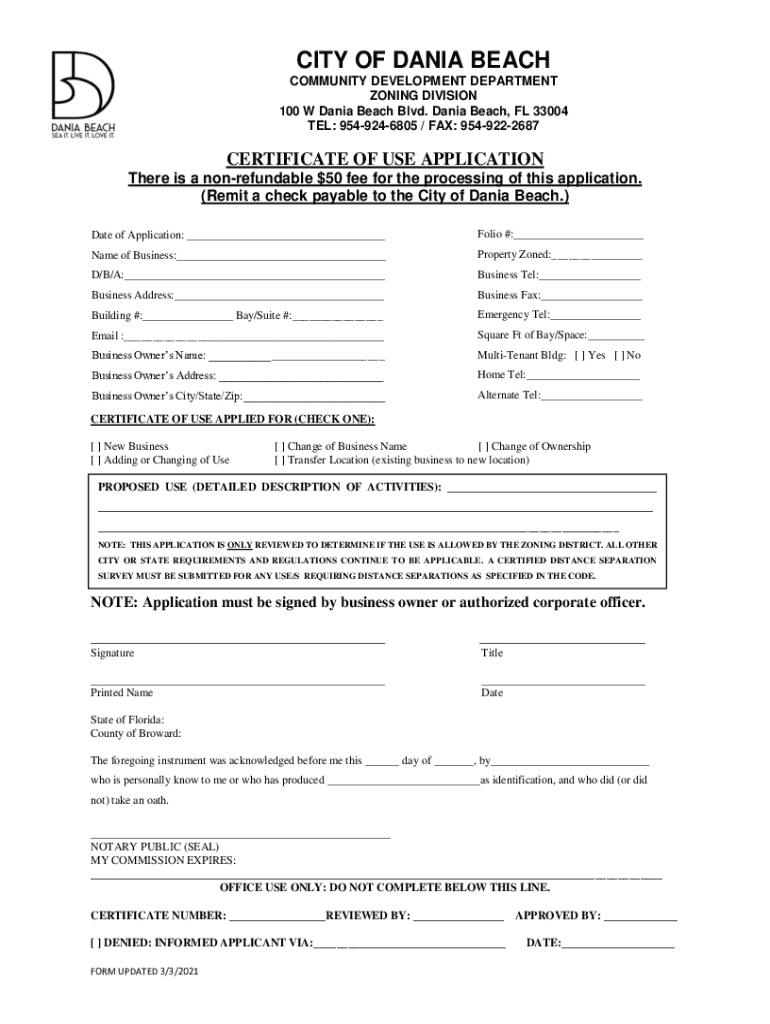 Fillable Online ci daniabeach fl Zoning Certificate of Use Application