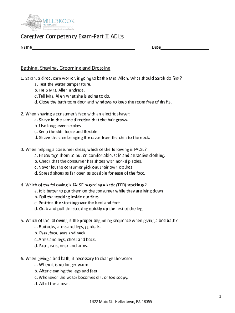 Fillable Online Competency TestDirect Care Exam ADLs Fax Email Print