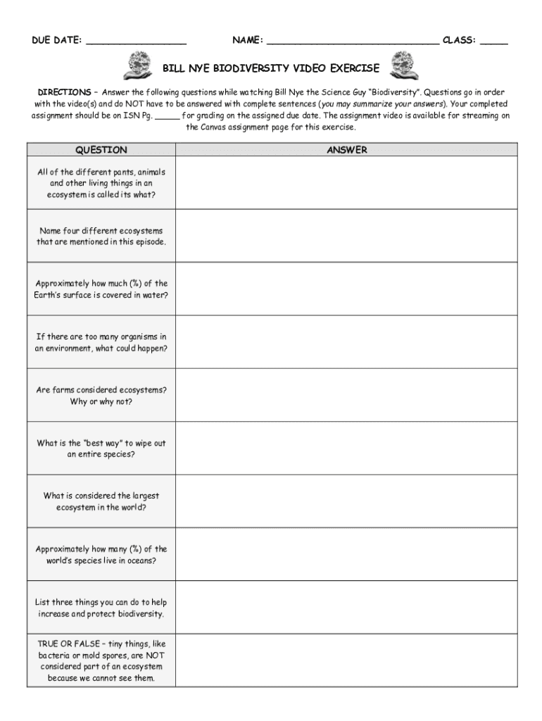 Fillable Online Bill Nye Biodiversity Video Worksheet Fax Email Print pdfFiller