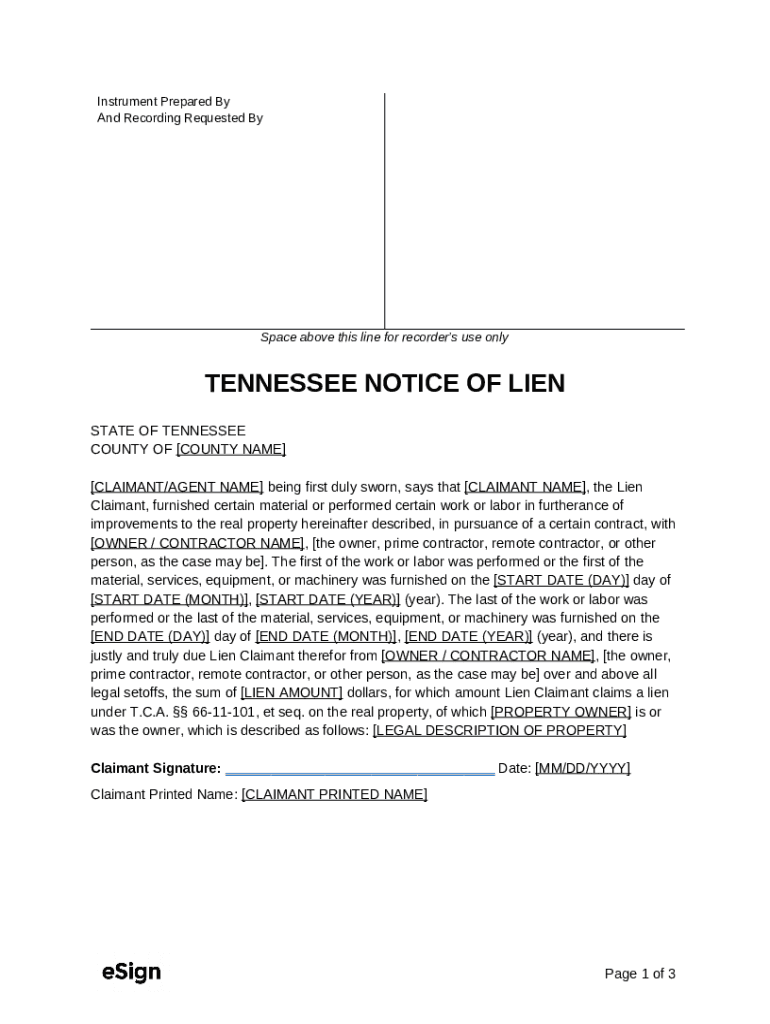 Tennessee Notice of Lien Template Doc Template pdfFiller
