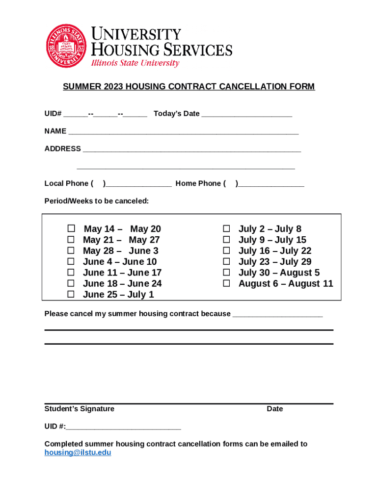 SUMMER 2023 HOUSING CONTRACT CANCELLATION housing illinoisstate Doc
