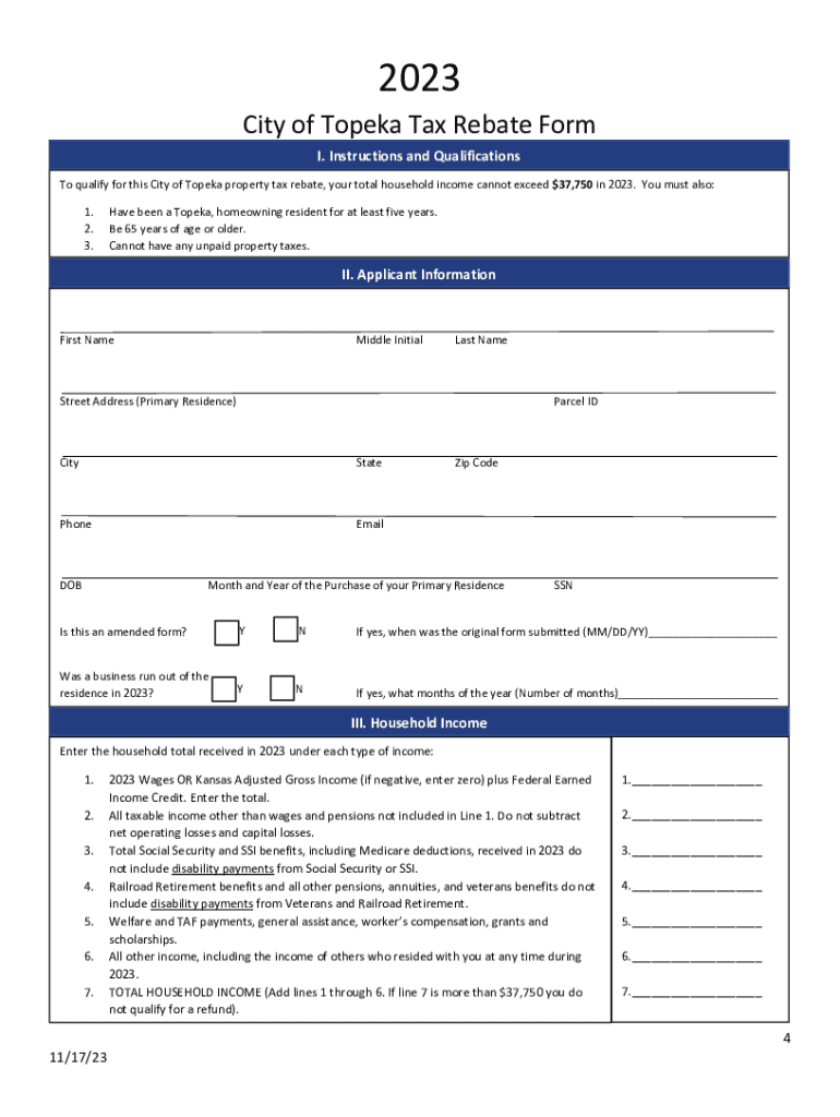 Fillable Online City of Topeka Property Tax Rebate ProgramFinance Fax