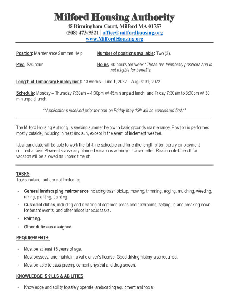 Fillable Online Programs provided by Milford Housing Authority Fax