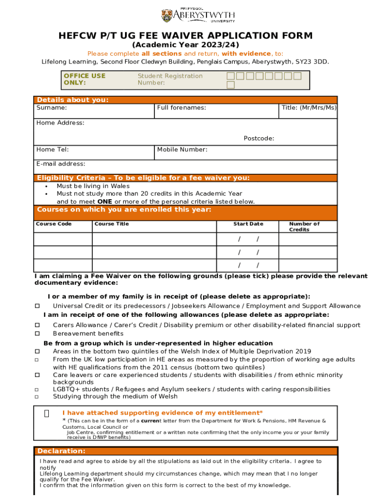 hefcw p/t ug fee waiver application Doc Template Doc Template pdfFiller