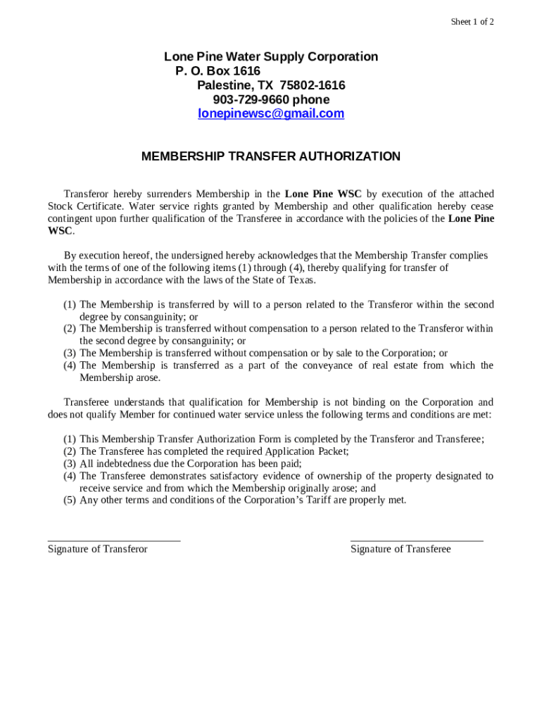 WATER SUPPLY CORPORATION REQUEST Lone Pine WSC Doc Template pdfFiller