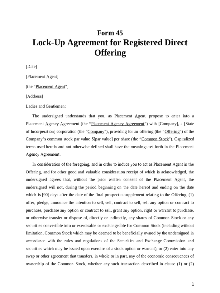 45 LockUp Agreement for Registered Direct Offering Doc Template