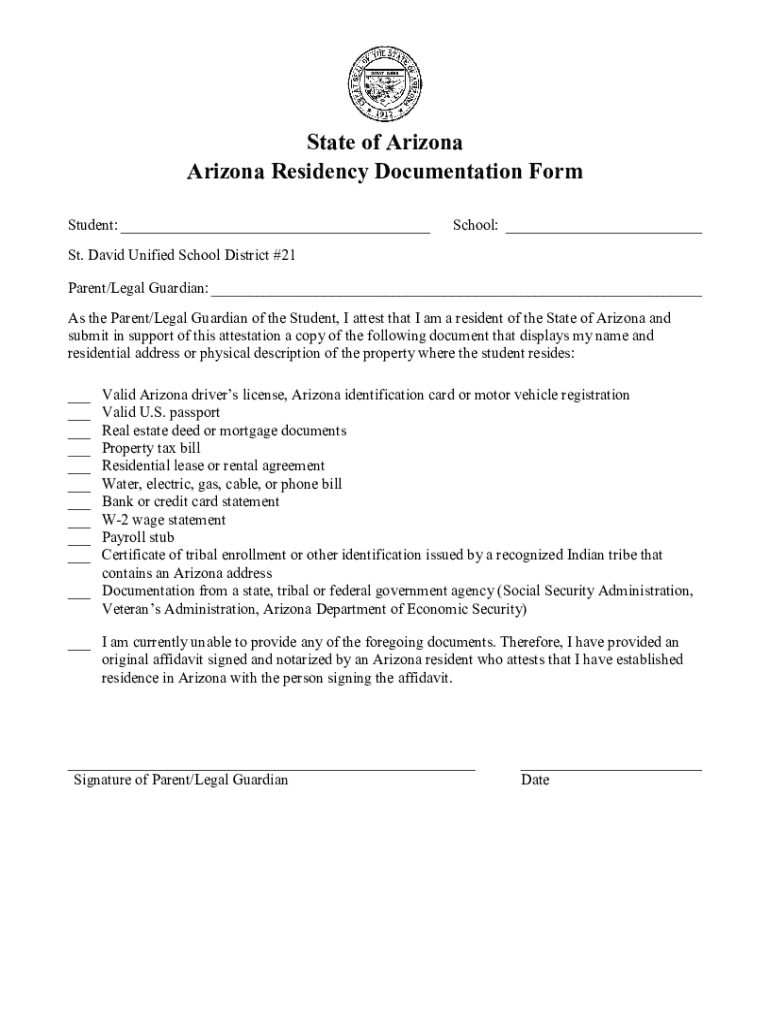 Fillable Online State of Arizona Arizona Residency Documentation Form Fax Email Print pdfFiller