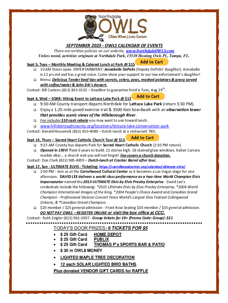 Fillable Online owls calendar of events The Northdale OWLS Fax Email