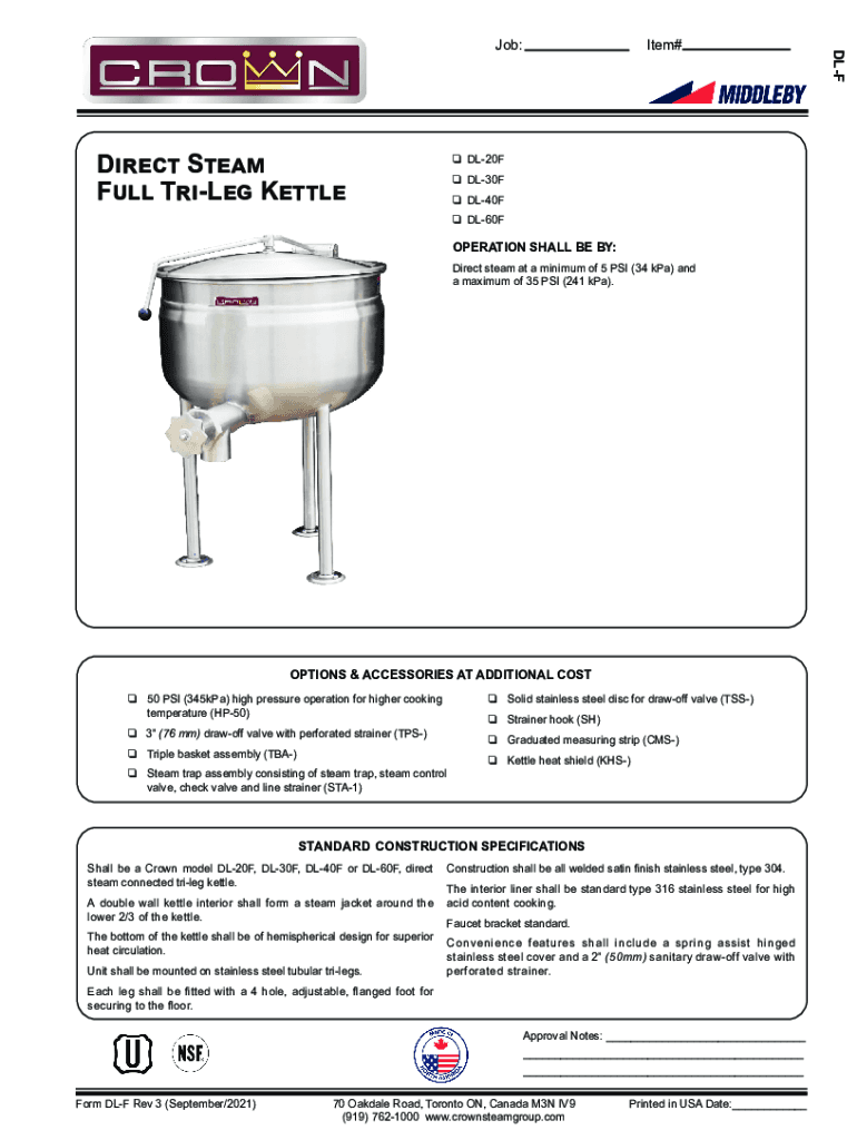 Fillable Online Full Jacket Direct Steam Stationary Kettles DL20F, DL30F Fax Email Print