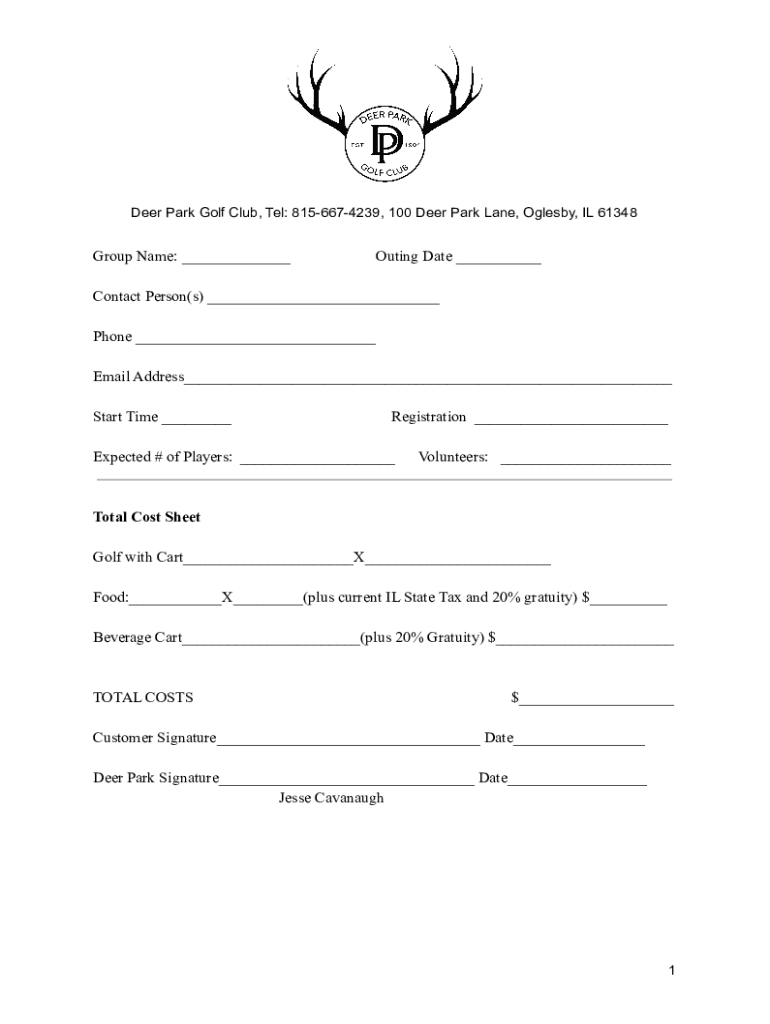 Fillable Online Deer Park Golf Club in Oglesby, Illinois, USA Fax Email