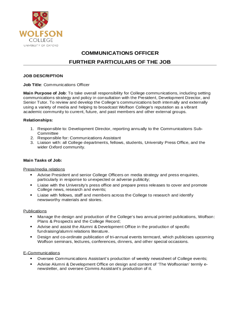 Communications Officer Job Description Template Doc Template pdfFiller