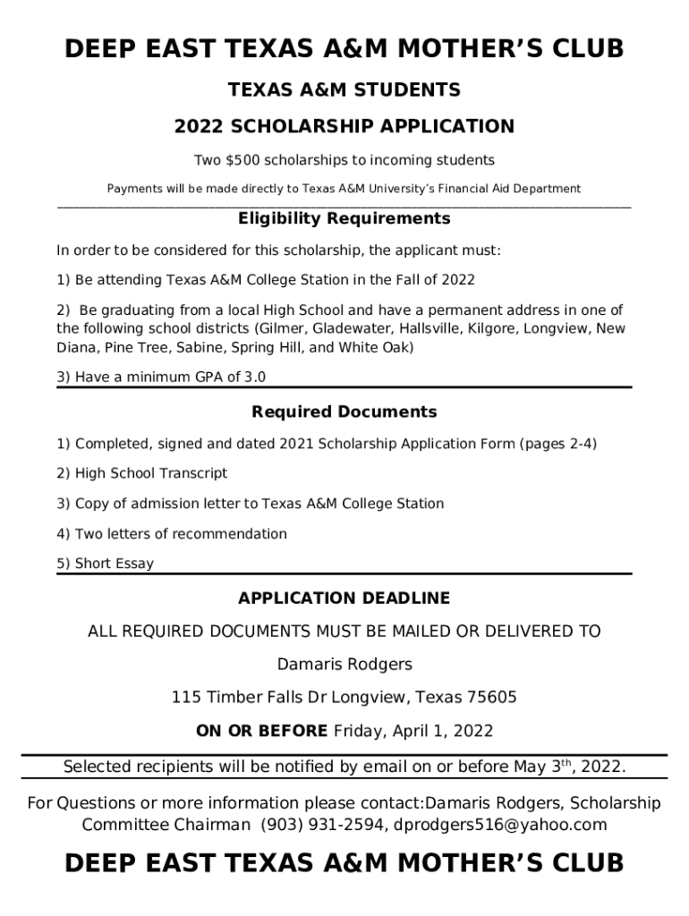 Deep East Texas A&M Mother's ClubLongview TX Doc Template pdfFiller