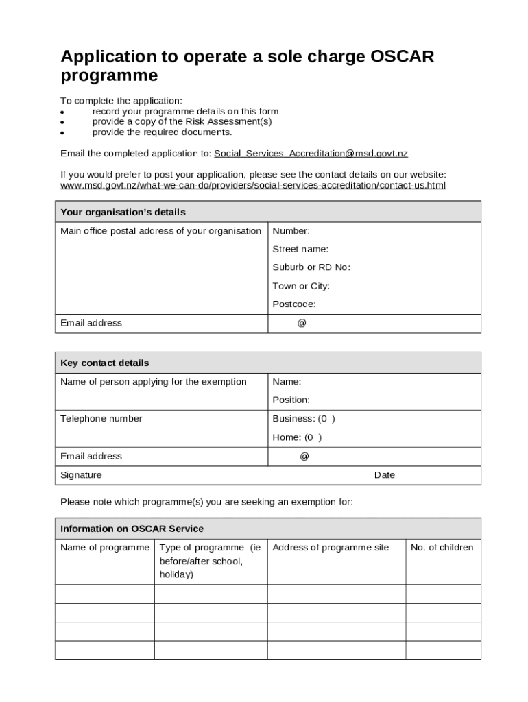 Application to operate a sole charge OSCAR programme Doc Template