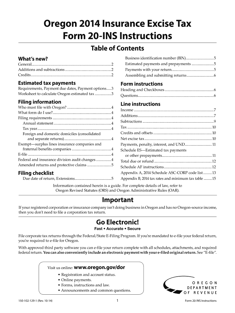 Fillable Online oregon Oregon 2014 Insurance Excise Tax Fax Email Print