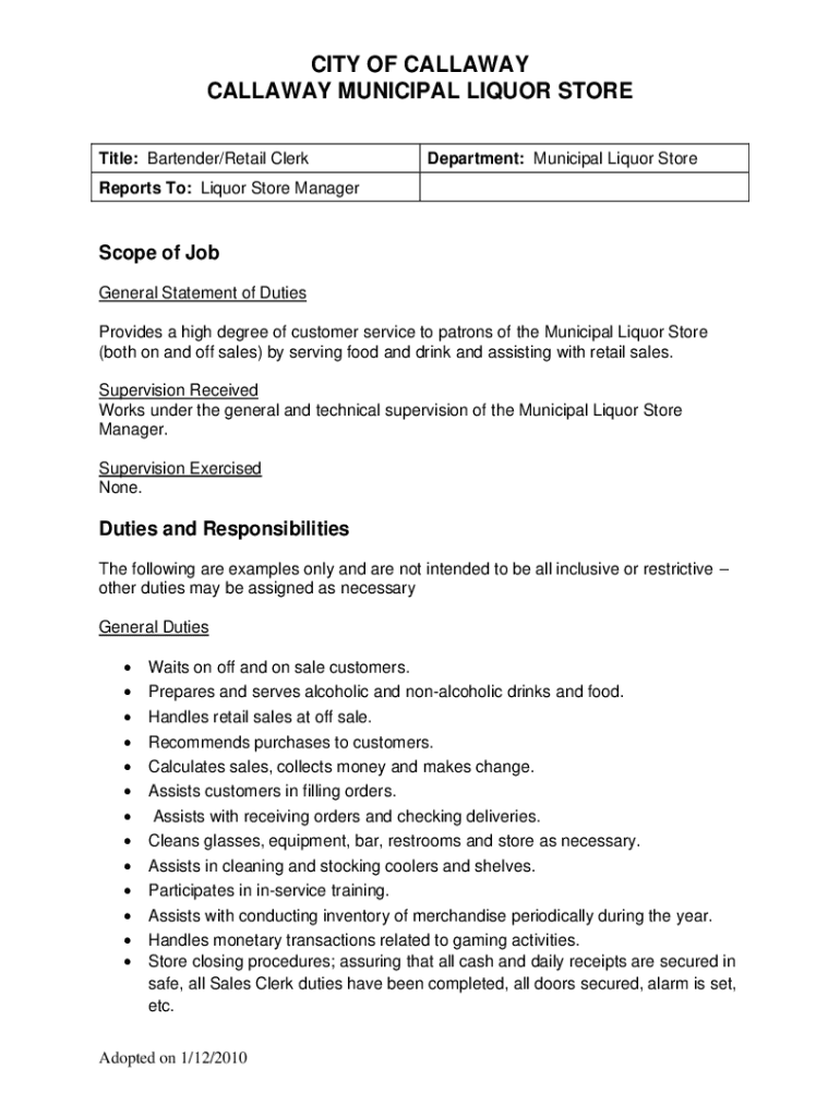 Fillable Online Liquor Store Clerk JOB DESCRIPTION City of Battle